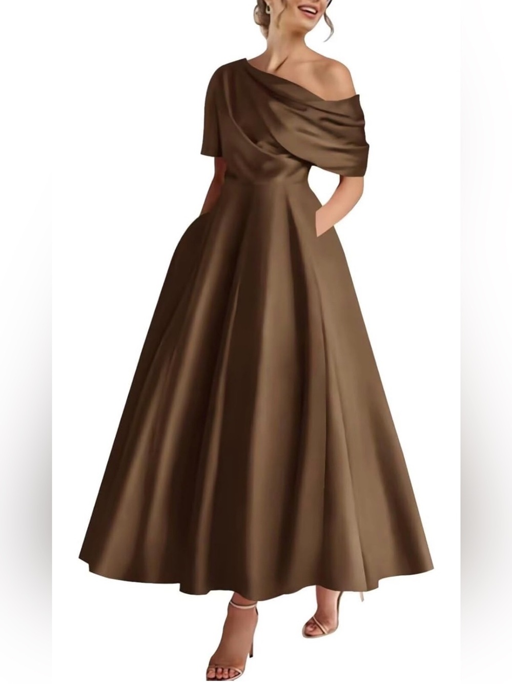 NEW Xuzey Brown Satin One Shoulder Formal Wedding Guest Midi Dress - Size 8